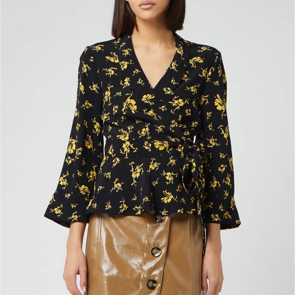 Ganni Floral Wrap Blouse Crepe Top Black Yellow Size 32 3/4 Sleeve Feminine Boho